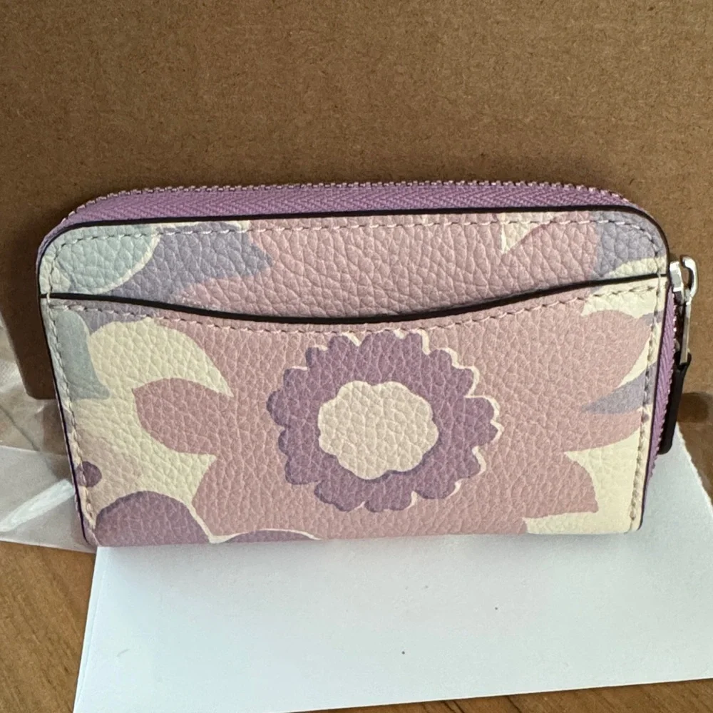 Coach Purple Gloral Mini Zip Around Leather Wallet